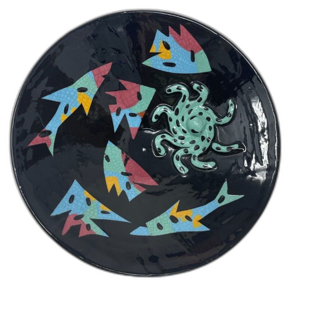 Vintage Fish Shark Sea Pottery Bowl Artisan Terracotta Hand Made Colorful Signed